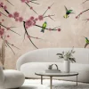 Fototapeta: Różowe kwiaty na gałęziach z kolorowymi ptakami