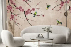 Fototapeta: Różowe kwiaty na gałęziach z kolorowymi ptakami