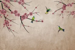 Fototapeta: Różowe kwiaty na gałęziach z kolorowymi ptakami