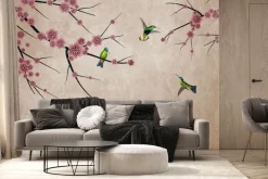 Fototapeta: Różowe kwiaty na gałęziach z kolorowymi ptakami