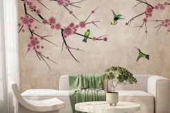 Fototapeta: Różowe kwiaty na gałęziach z kolorowymi ptakami