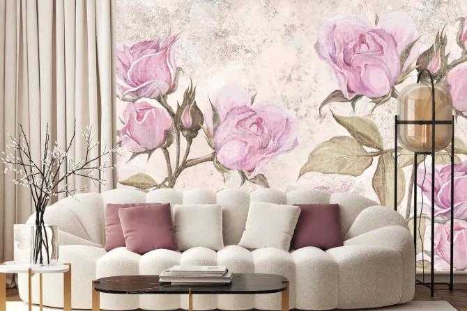 Fototapeta: Różowe kwiaty róże na tle z teksturą betonu