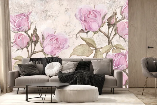 Fototapeta: Różowe kwiaty róże na tle z teksturą betonu