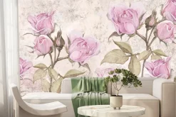 Fototapeta: Różowe kwiaty róże na tle z teksturą betonu