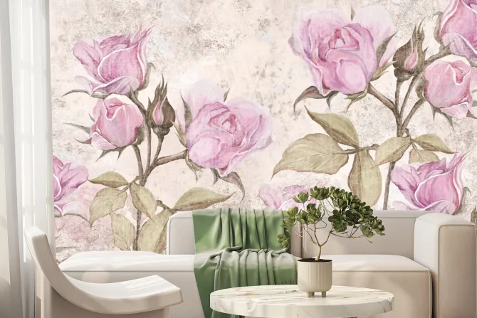 Fototapeta: Różowe kwiaty róże na tle z teksturą betonu