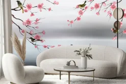 Fototapeta: Różowe kwiaty wiśni z ptakami na akwareli