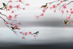 Fototapeta: Różowe kwiaty wiśni z ptakami na akwareli