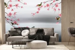 Fototapeta: Różowe kwiaty wiśni z ptakami na akwareli