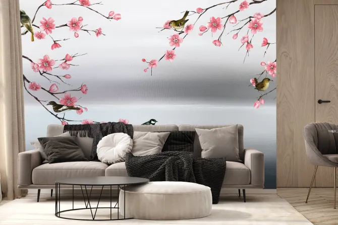Fototapeta: Różowe kwiaty wiśni z ptakami na akwareli