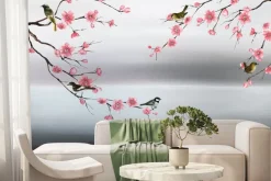 Fototapeta: Różowe kwiaty wiśni z ptakami na akwareli
