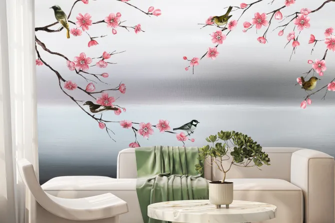 Fototapeta: Różowe kwiaty wiśni z ptakami na akwareli