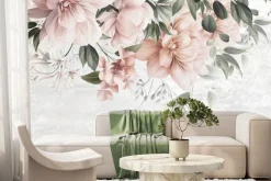 Fototapeta: Różowe kwiaty wśród zielonych liście na tle betonu