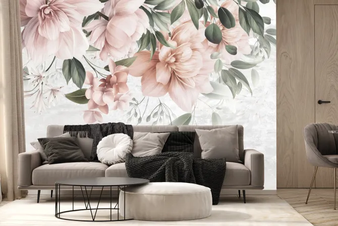 Fototapeta: Różowe kwiaty wśród zielonych liście na tle betonu