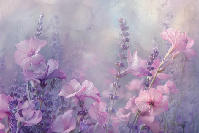 Fototapeta: Różowe kwiaty wśród lawendy na łące