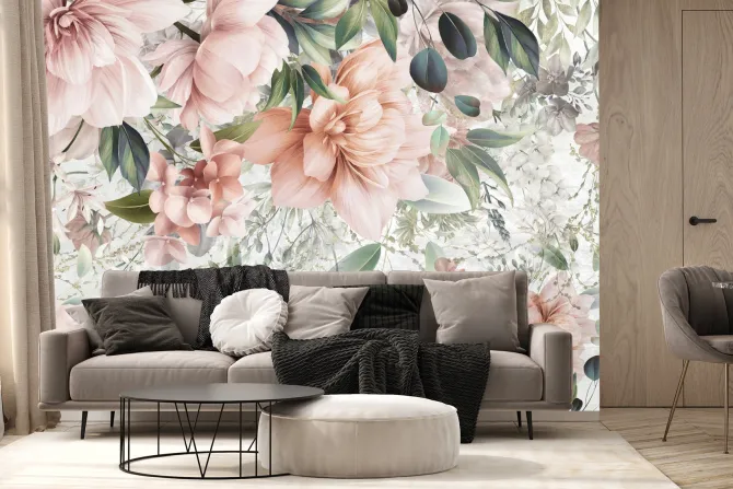 Fototapeta: Różowe kwiaty wśród zielonych liści