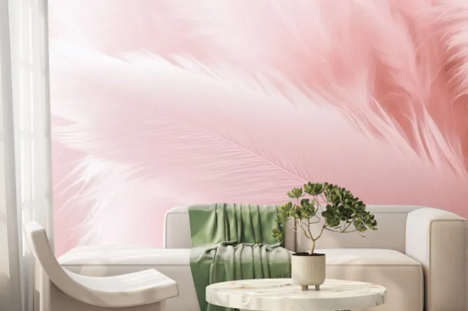 Fototapeta: Różowe pióra w zbliżeniu na pastelowym tle