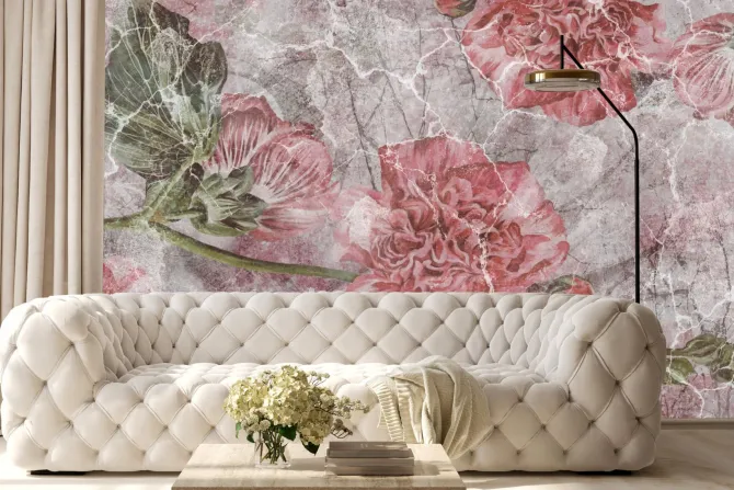 Fototapeta: Różowe piwonie na murze z pęknięciami