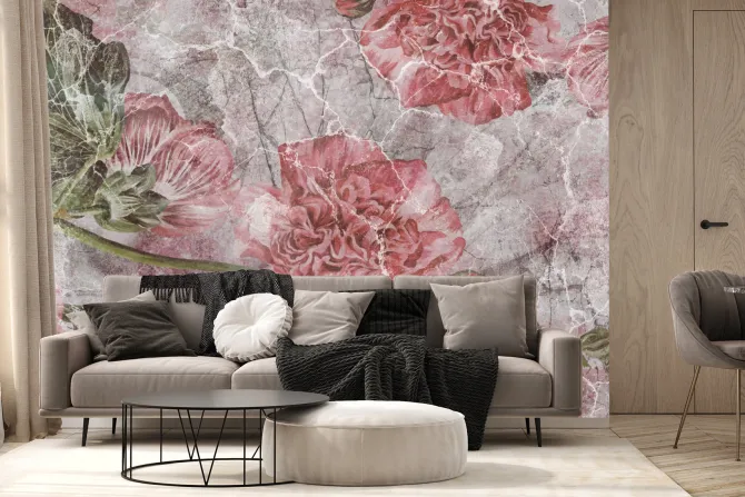 Fototapeta: Różowe piwonie na murze z pęknięciami