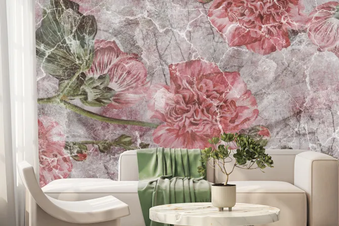 Fototapeta: Różowe piwonie na murze z pęknięciami