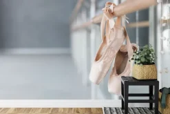 Fototapeta: Różowe pointy na drążku do ćwiczeń w sali baletowej