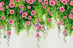 Fototapeta: Różowe róże wśród zielonych liści 3d