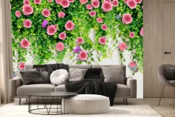 Fototapeta: Różowe róże wśród zielonych liści 3d
