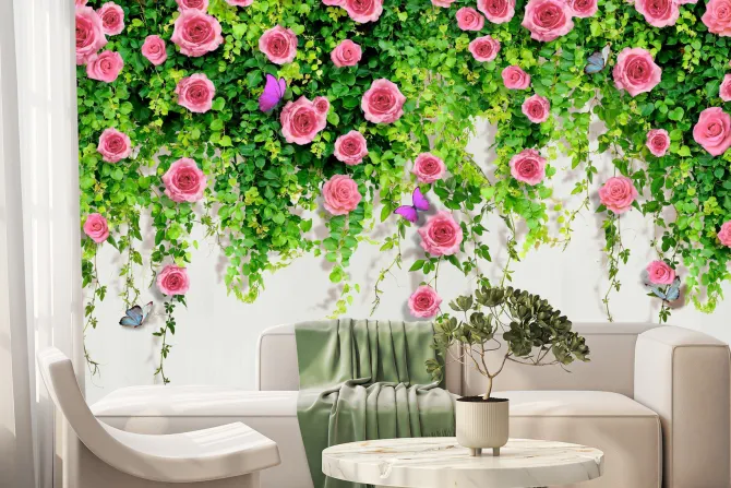 Fototapeta: Różowe róże wśród zielonych liści 3d