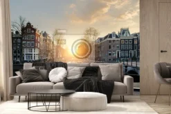 Fototapeta: Rowery wyłożone mostem nad kanałami amsterdam, holandia. rower