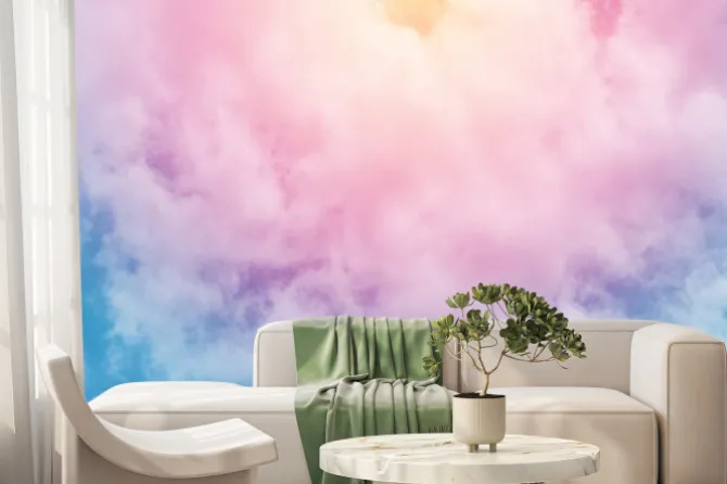 Fototapeta: Różowo-niebieskie chmury z promieniami światła