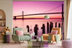 Fototapeta: Różowy krajobraz z zachodem słońca i mostem golden gate bridge