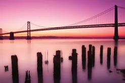Fototapeta: Różowy krajobraz z zachodem słońca i mostem golden gate bridge