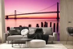 Fototapeta: Różowy krajobraz z zachodem słońca i mostem golden gate bridge