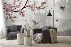 Fototapeta: Rozkwitające drzewo i ptaki na szarym tle
