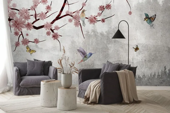 Fototapeta: Rozkwitające drzewo i ptaki na szarym tle