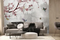Fototapeta: Rozkwitające drzewo i ptaki na szarym tle