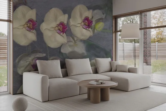 Fototapeta: Rozmyte płatki storczyka na szarym tle