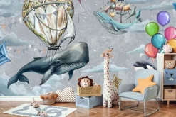 Fototapeta: Ryby balony i latawce wśród chmur na tle nieba akwarelowy wzór