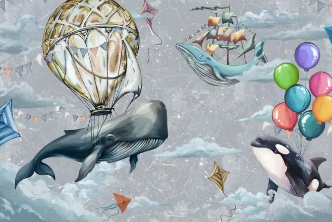Fototapeta: Ryby balony i latawce wśród chmur na tle nieba akwarelowy wzór