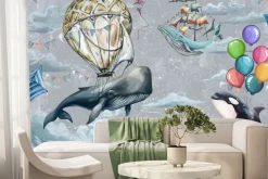 Fototapeta: Ryby balony i latawce wśród chmur na tle nieba akwarelowy wzór