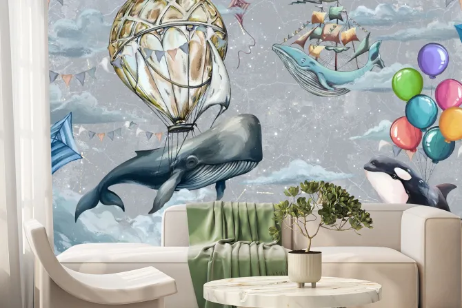 Fototapeta: Ryby balony i latawce wśród chmur na tle nieba akwarelowy wzór