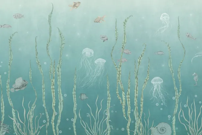 Fototapeta: Ryby i meduzy wśród zielonych roślin morski podwodny krajobraz