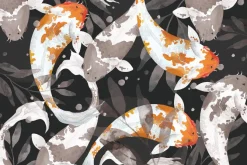 Fototapeta: Ryby koi i liście na ciemnym tle akwarelowy wzór