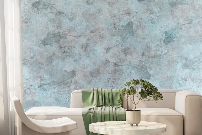 Fototapeta: Ryby na tle betonu w odcieniach niebieskiego