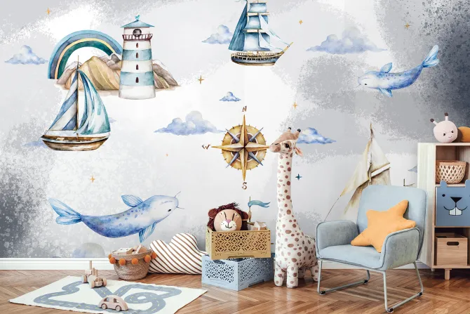 Fototapeta: Ryby statek i latarnia morska akwarelowy wzór dla dzieci