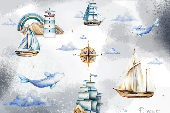Fototapeta: Ryby statek i latarnia morska akwarelowy wzór dla dzieci