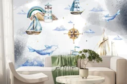 Fototapeta: Ryby statek i latarnia morska akwarelowy wzór dla dzieci