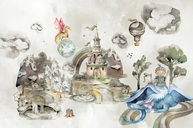 Fototapeta: Rycerz smoki zamek bajkowy wzór akwarela ilustracja