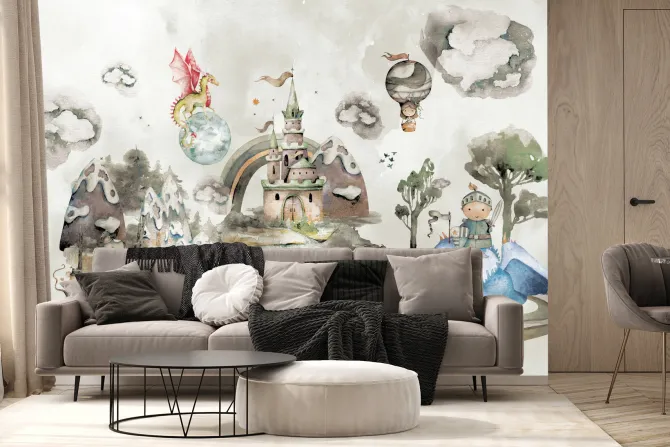 Fototapeta: Rycerz smoki zamek bajkowy wzór akwarela ilustracja