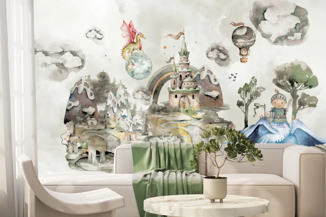 Fototapeta: Rycerz smoki zamek bajkowy wzór akwarela ilustracja