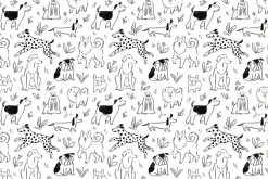 Fototapeta: Rysowane psy na polanie z kwiatami